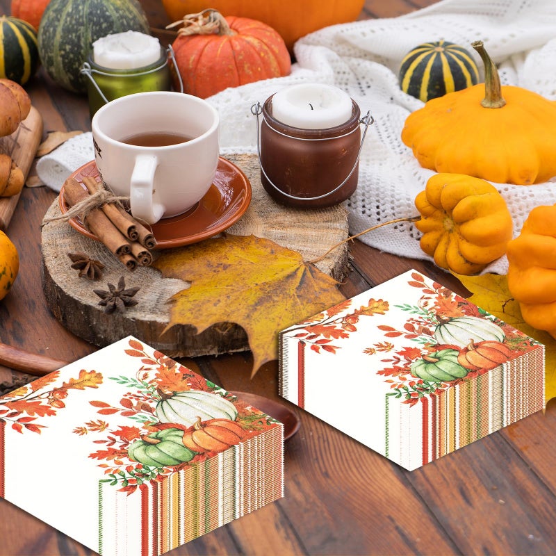 EVYIENEN 40 PCS Fall Pumpkin Paper Napkins Watercolor Autumn Luncheon Napkins Disposable Pumpkins Maple Leaves Party Napkin for Autumn Thanksgiving Harvest Home Kitchen Party Supplies, 6.5 x 6.5 Inch - Image 5